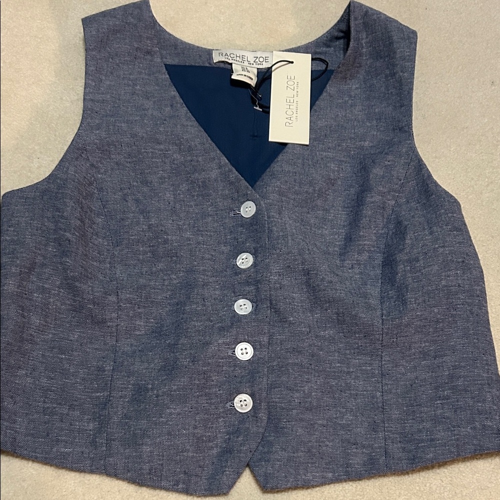 Rachel Zoe Blue Buttoned Vest Linen Blend size 8 NWT